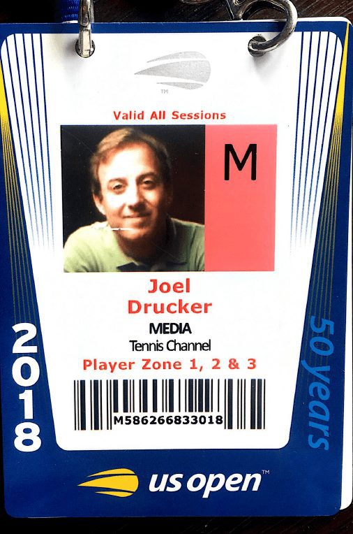 Joel Drucker's media credential from the 2018 US Open