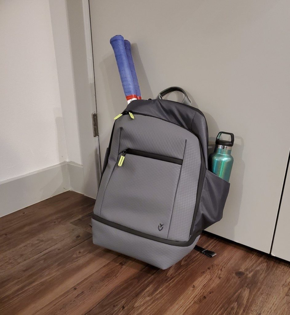 Grey Vessel tennis backpack bag with two racquets