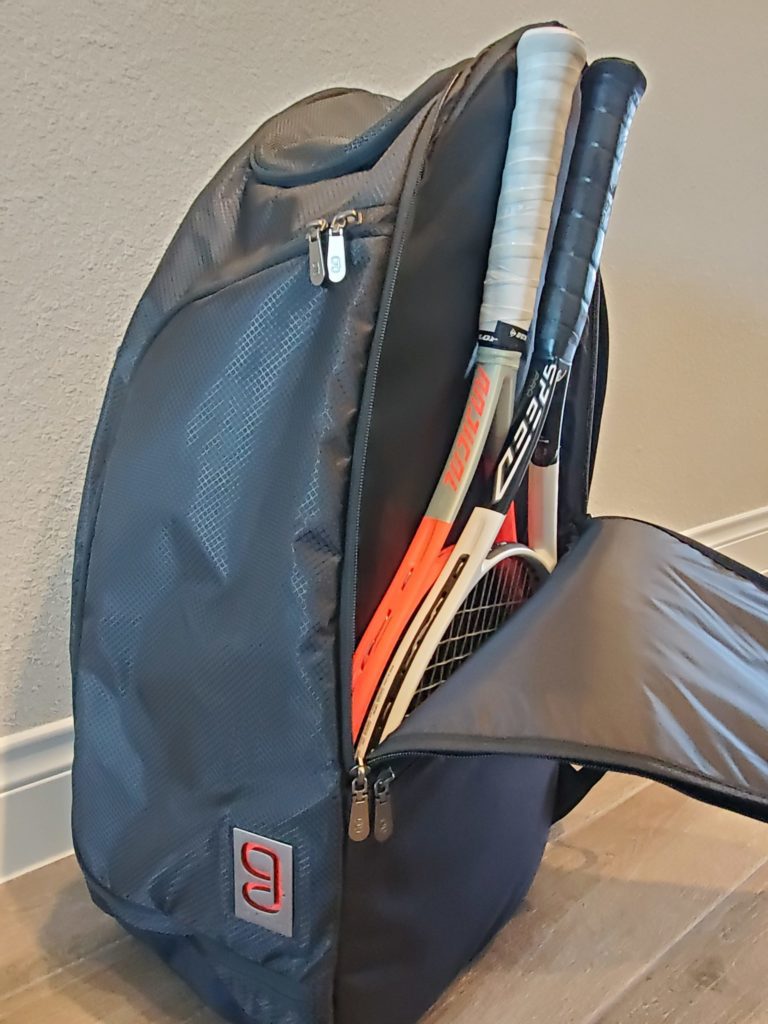 Two racquets in the back of the Geau tennis bag