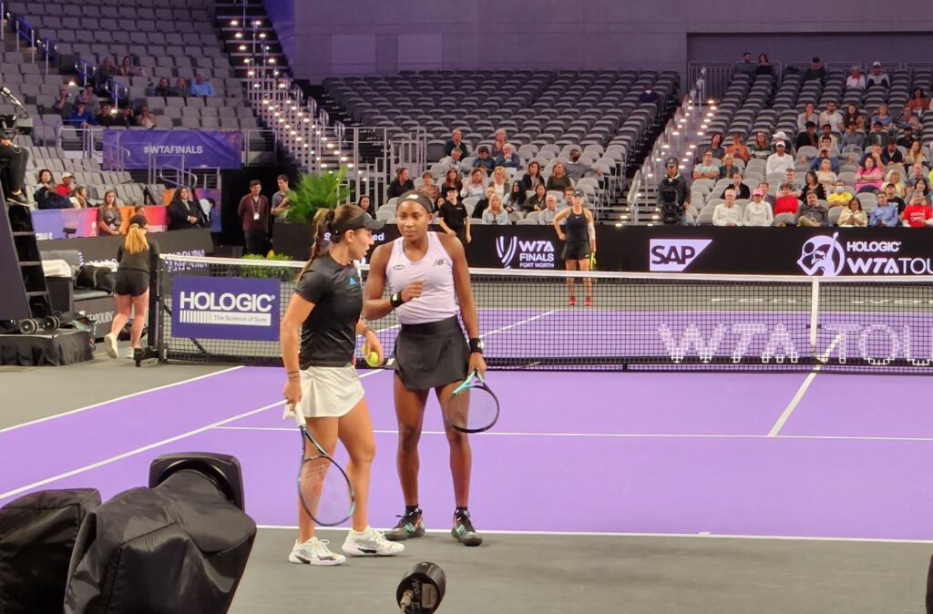 Coco Gauff and Jessica Pegula play doubles at WTA Finals