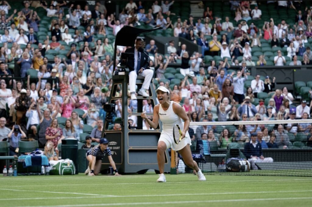 Desirae Krawczyk celebrates winning the 20222 Wimbledon Mixed Doubles Title. 