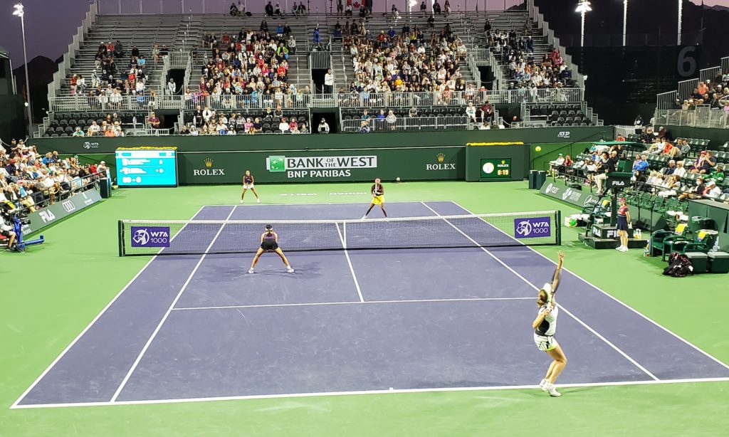 Elise Mertens and Hsieh Su-wei play doubles at Indian Wells