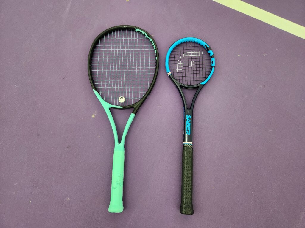 Functional Tennis Saber next to a normal tennis racquet