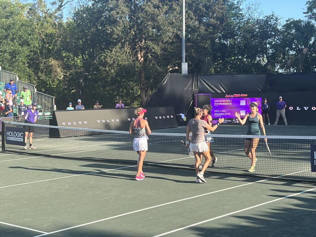 Doubles match on the outside courts at the 2023 Charleston Open