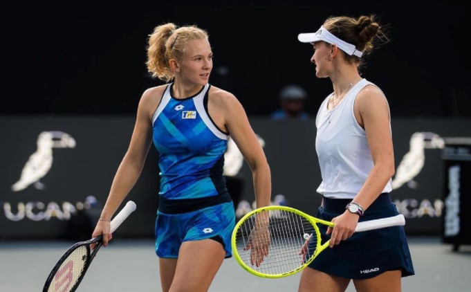Katerina Siniakova and Barbora Krejcikova playing doubles at WTA Finals
