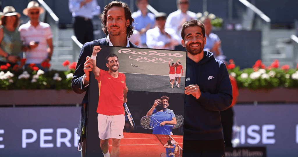 Feliciano Lopez and Marc Lopez celebrate the 39-year-old's career on court in Madrid