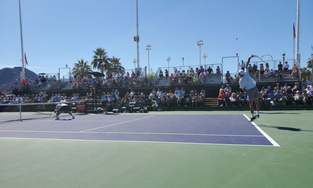 Marcelo Arevalo serves at Indian Wells