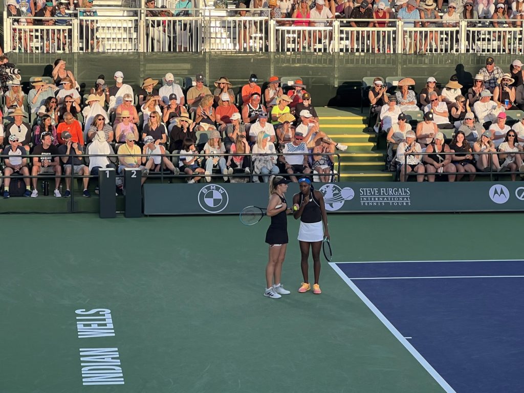 Caty McNally and Coco Gauff talk doubles strategy at Indian Wells 2022. 