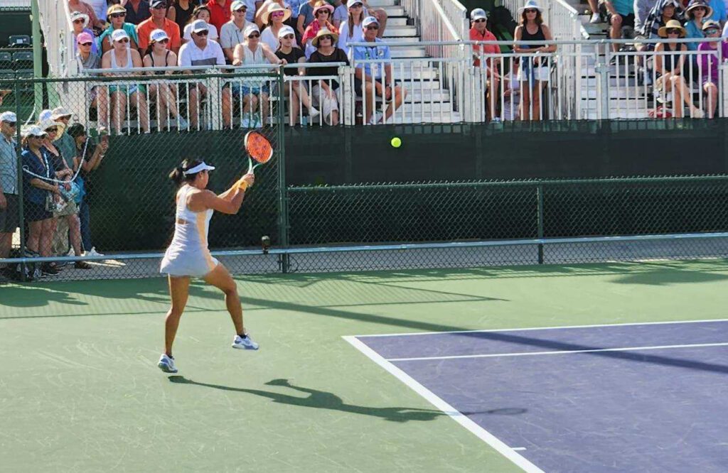 Aldila Sutjiadi in a tennis dress at the 2023 Indian Wells tournament