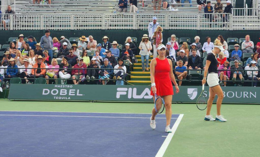 Alexa Guarachi in a red tennis dress at 2023 Indian Wells