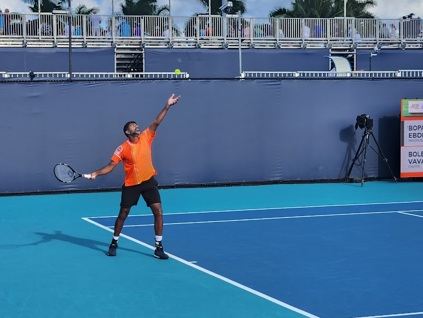 Rohan Bopanna serving at the 2024 Miami Open